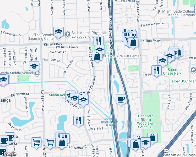map of restaurants, bars, coffee shops, grocery stores, and more near 12120 Southwest 106th Street in Miami