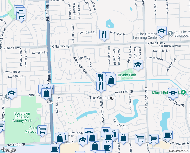 map of restaurants, bars, coffee shops, grocery stores, and more near 10832 Southwest 132nd Circle Court in Miami