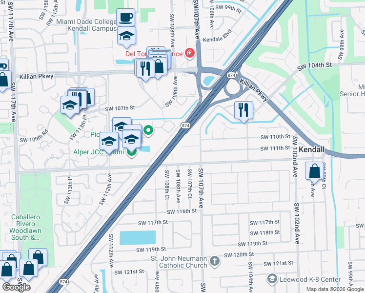 map of restaurants, bars, coffee shops, grocery stores, and more near 14630 Southwest 110th Terrace in Miami