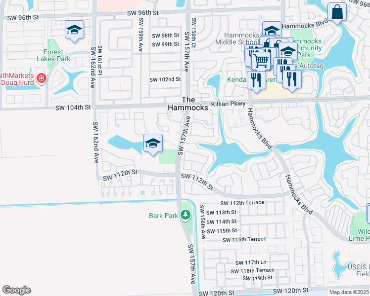 map of restaurants, bars, coffee shops, grocery stores, and more near 15661 SW 109th Terrace in Miami