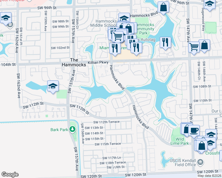 map of restaurants, bars, coffee shops, grocery stores, and more near 15295 Southwest 107th Lane in Miami