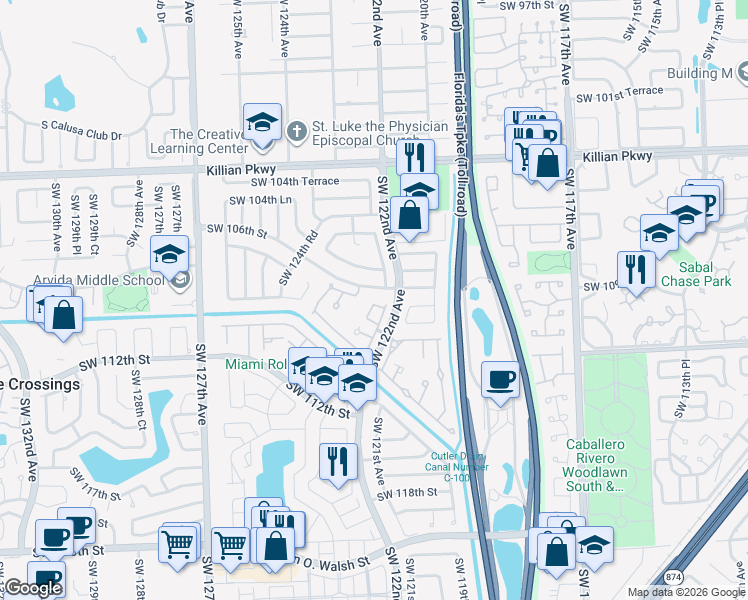 map of restaurants, bars, coffee shops, grocery stores, and more near 12219 Southwest 109th Lane in Miami