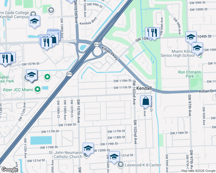 map of restaurants, bars, coffee shops, grocery stores, and more near 10355 Southwest 111th Street in Miami