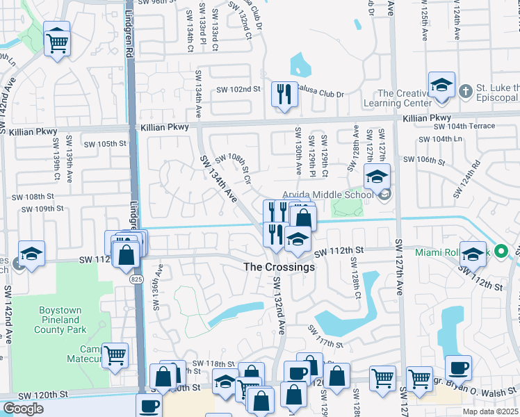 map of restaurants, bars, coffee shops, grocery stores, and more near 10832 Southwest 132nd Circle Court in Miami