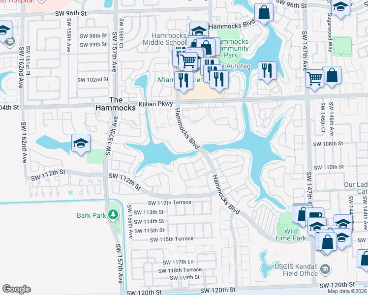 map of restaurants, bars, coffee shops, grocery stores, and more near 15285 Southwest 107th Lane in Miami