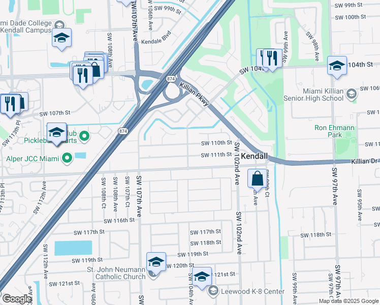 map of restaurants, bars, coffee shops, grocery stores, and more near 10420 Southwest 110th Street in Miami