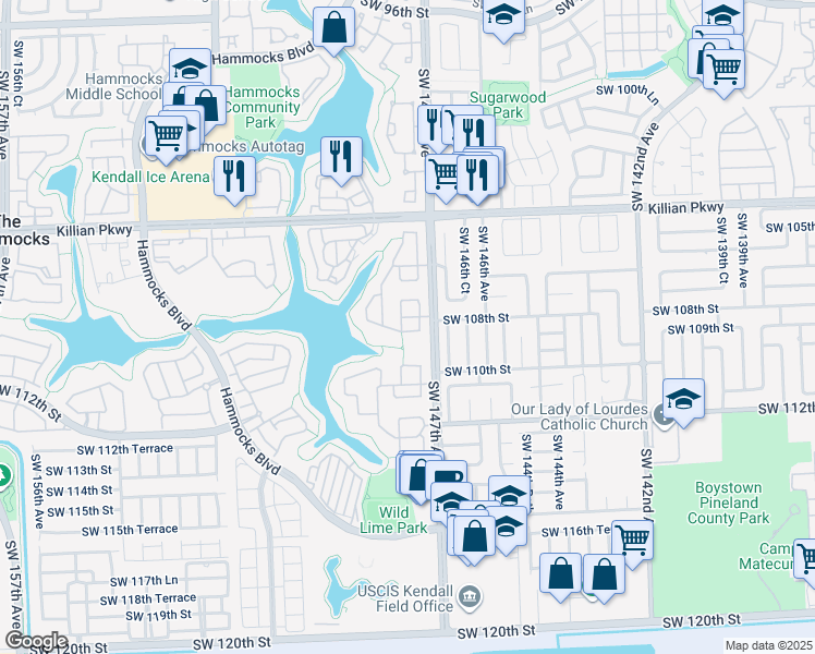 map of restaurants, bars, coffee shops, grocery stores, and more near 10812 Southwest 147th Court in Miami