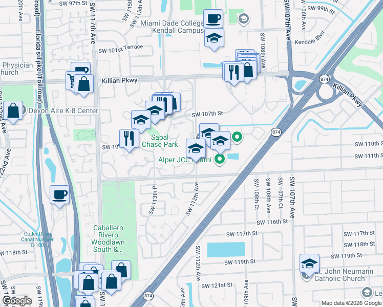 map of restaurants, bars, coffee shops, grocery stores, and more near 11004 Southwest 112th Avenue in Miami