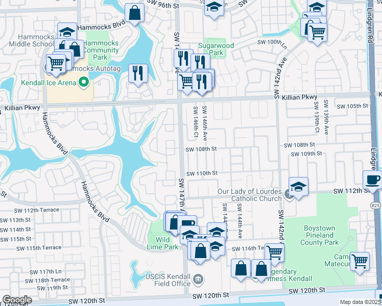 map of restaurants, bars, coffee shops, grocery stores, and more near 10802 Southwest 146th Court in Miami