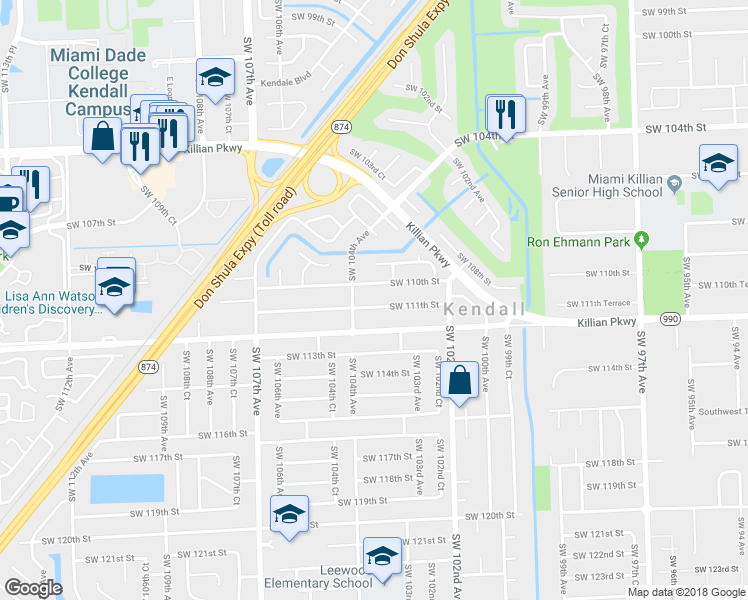 map of restaurants, bars, coffee shops, grocery stores, and more near 10355 Southwest 111th Street in Miami