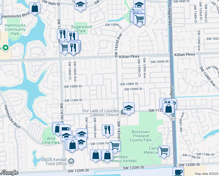 map of restaurants, bars, coffee shops, grocery stores, and more near 10812 Southwest 142nd Court in Miami