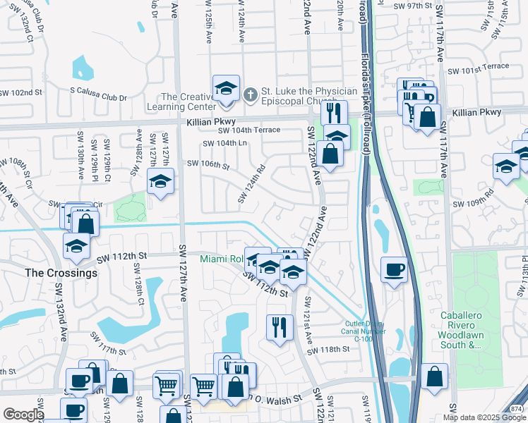 map of restaurants, bars, coffee shops, grocery stores, and more near 12371 Southwest 109th Terrace in Miami