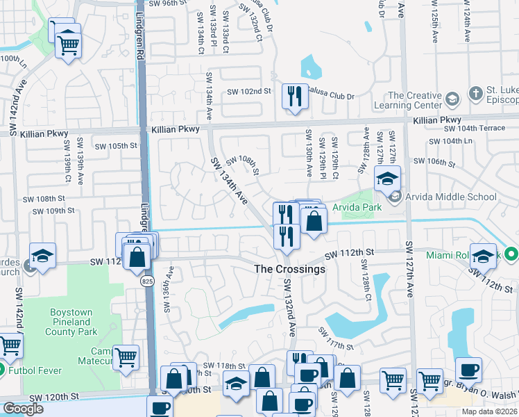 map of restaurants, bars, coffee shops, grocery stores, and more near 10832 Southwest 132nd Circle Court in Miami
