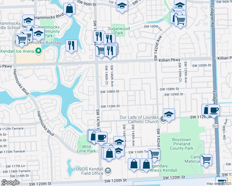 map of restaurants, bars, coffee shops, grocery stores, and more near 10800 Southwest 145th Place in Miami