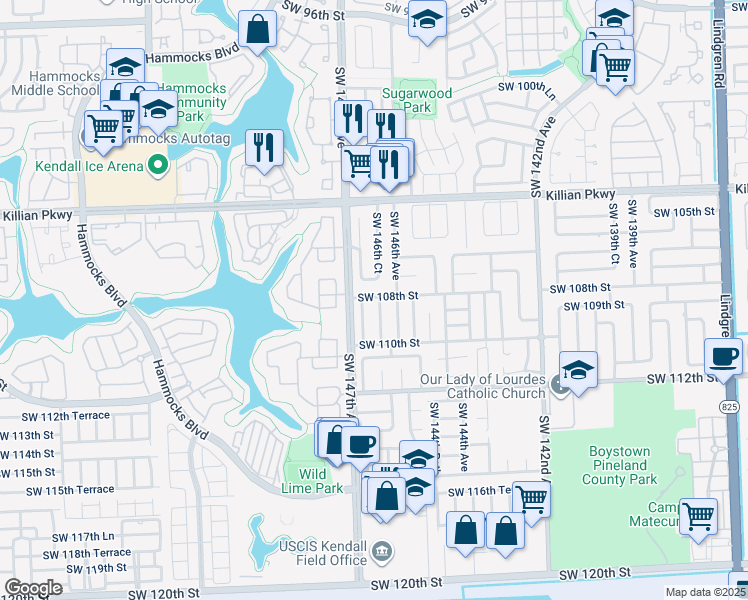 map of restaurants, bars, coffee shops, grocery stores, and more near 10802 Southwest 146th Court in Miami