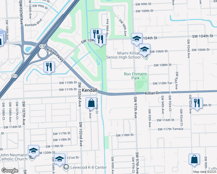 map of restaurants, bars, coffee shops, grocery stores, and more near 9881 SW 111th Terrace in Miami