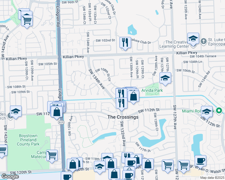 map of restaurants, bars, coffee shops, grocery stores, and more near 10832 Southwest 132nd Circle Court in Miami