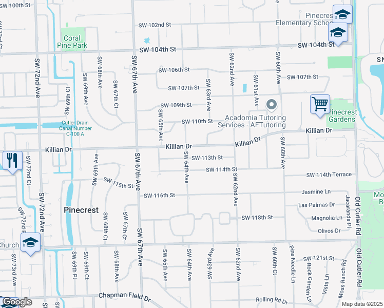 map of restaurants, bars, coffee shops, grocery stores, and more near 11275 Southwest 64th Avenue in Miami