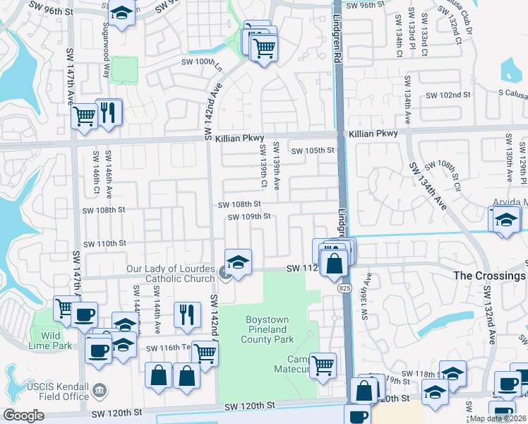 map of restaurants, bars, coffee shops, grocery stores, and more near 13931 SW 109th St in Miami