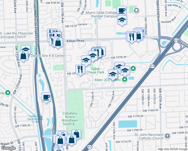 map of restaurants, bars, coffee shops, grocery stores, and more near 10981 Southwest 113th Place in Miami