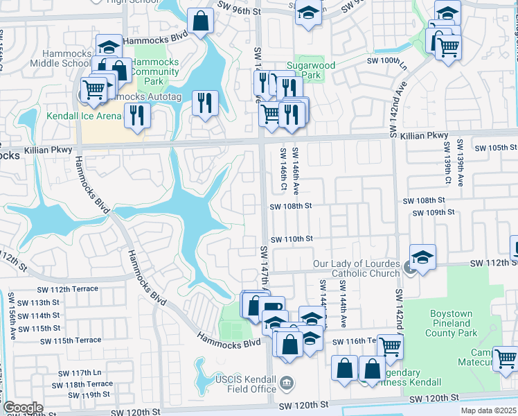 map of restaurants, bars, coffee shops, grocery stores, and more near 10811 Southwest 147th Court in Miami