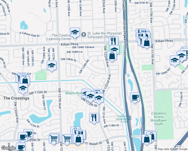 map of restaurants, bars, coffee shops, grocery stores, and more near 10634 Southwest 123rd Court in Miami