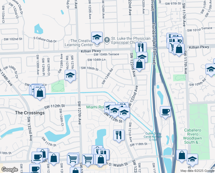 map of restaurants, bars, coffee shops, grocery stores, and more near 12371 Southwest 109th Terrace in Miami