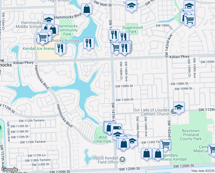 map of restaurants, bars, coffee shops, grocery stores, and more near 10812 Southwest 147th Court in Miami