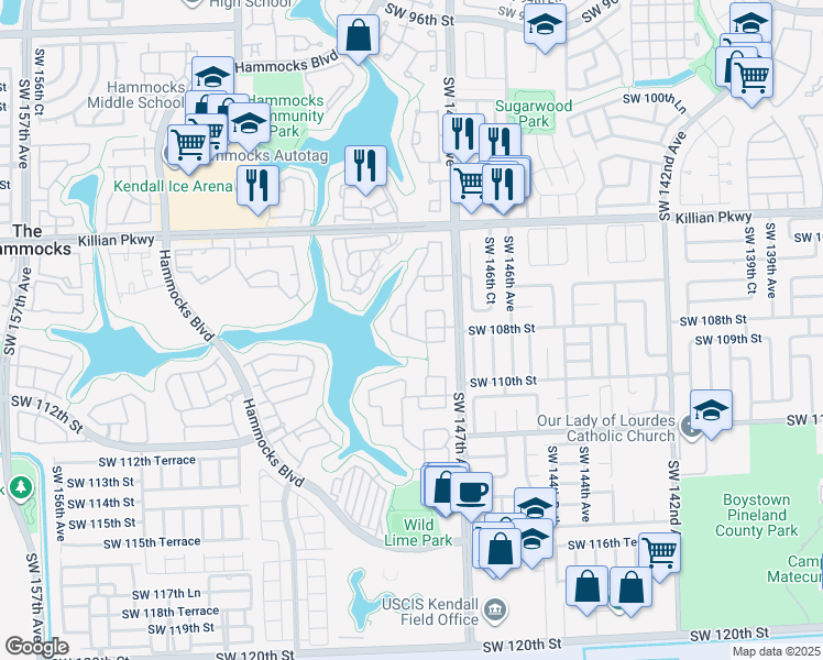 map of restaurants, bars, coffee shops, grocery stores, and more near 10815 Southwest 148th Court in Miami
