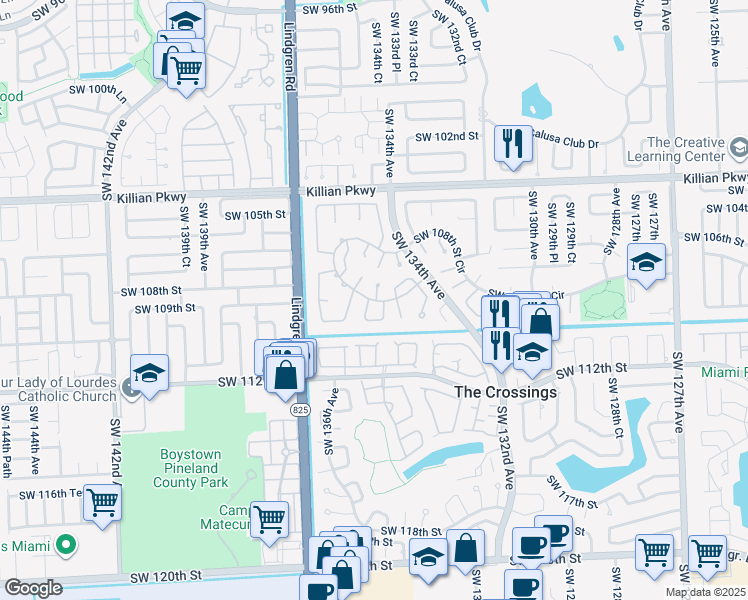 map of restaurants, bars, coffee shops, grocery stores, and more near 13516 Southwest 108th Street Circle in Miami