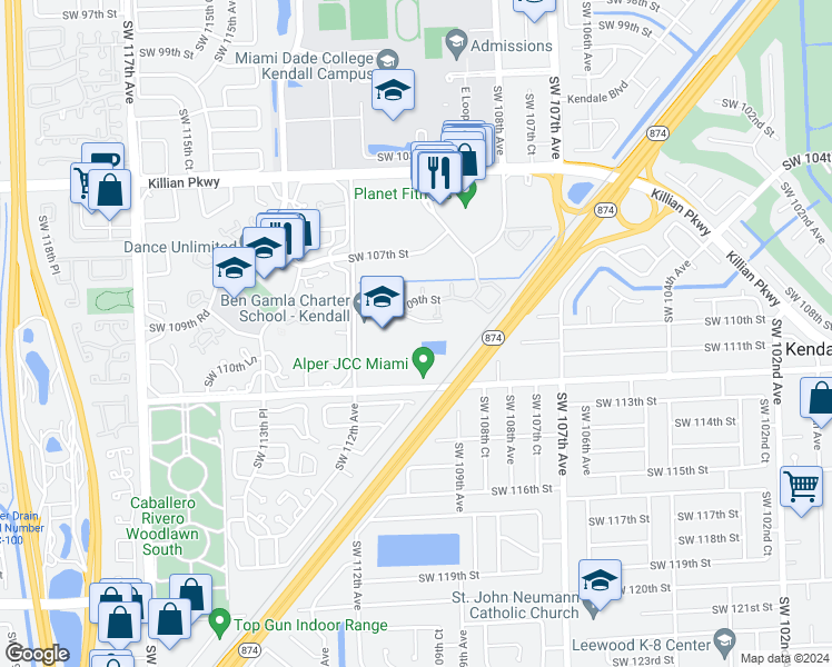 map of restaurants, bars, coffee shops, grocery stores, and more near 10911 Southwest 112th Avenue in Miami