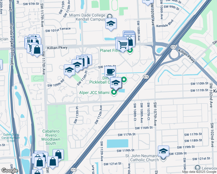 map of restaurants, bars, coffee shops, grocery stores, and more near 11155 Southwest 112th Avenue in Miami