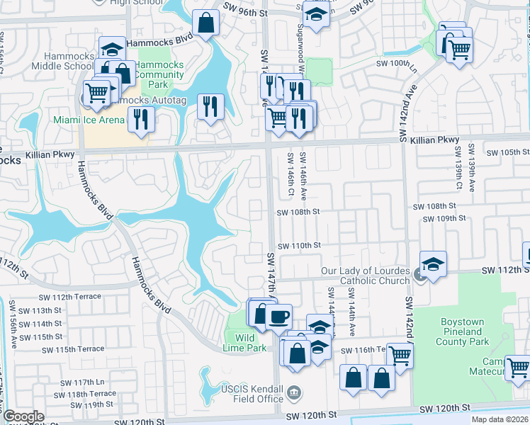 map of restaurants, bars, coffee shops, grocery stores, and more near 10812 Southwest 147th Court in Miami
