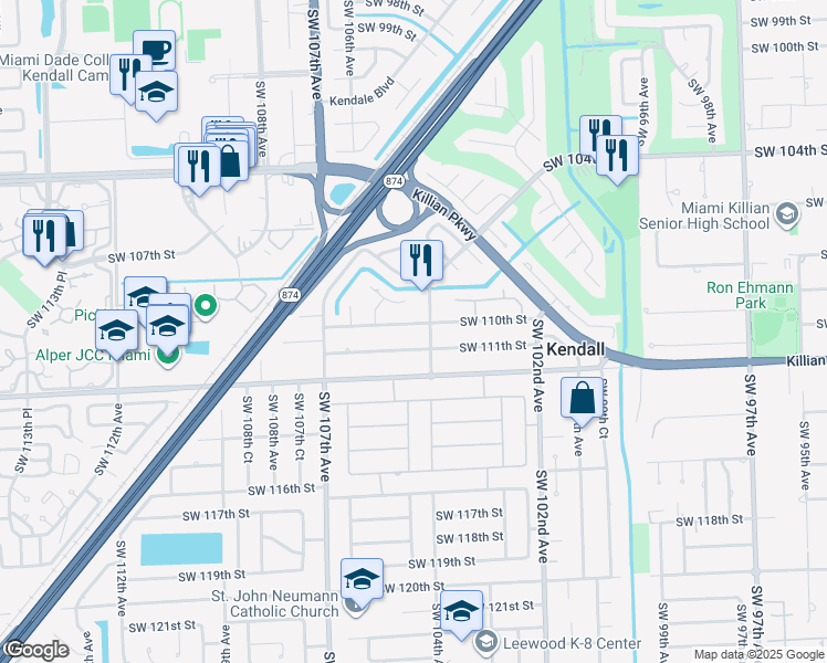 map of restaurants, bars, coffee shops, grocery stores, and more near 10420 Southwest 110th Street in Miami