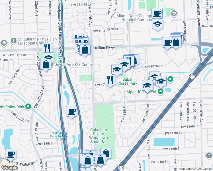 map of restaurants, bars, coffee shops, grocery stores, and more near 11522 Southwest 109th Road in Miami