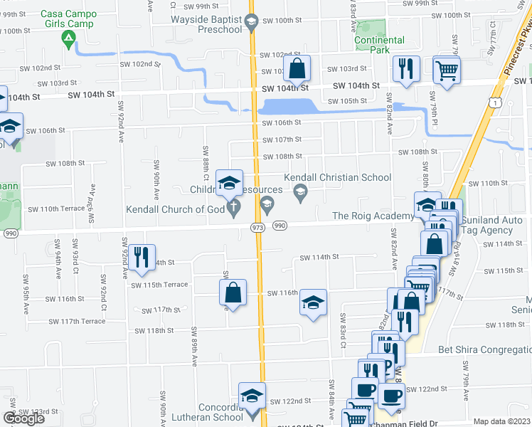 map of restaurants, bars, coffee shops, grocery stores, and more near 8571 Southwest 112th Street in Miami