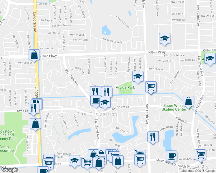 map of restaurants, bars, coffee shops, grocery stores, and more near Southwest 108th Street in Miami