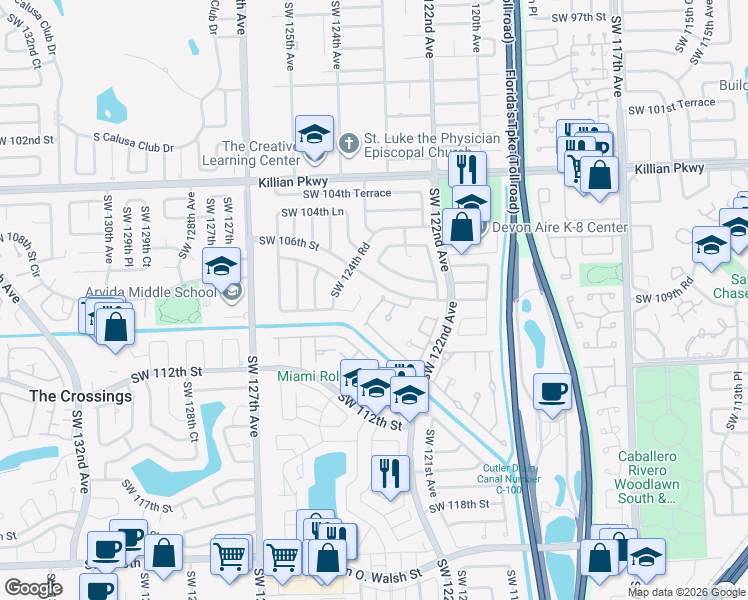 map of restaurants, bars, coffee shops, grocery stores, and more near 10656 Southwest 123rd Place in Miami