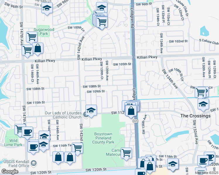 map of restaurants, bars, coffee shops, grocery stores, and more near 13851 Southwest 109th Street in Miami