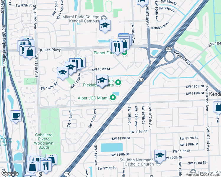 map of restaurants, bars, coffee shops, grocery stores, and more near 10911 Southwest 112th Avenue in Miami