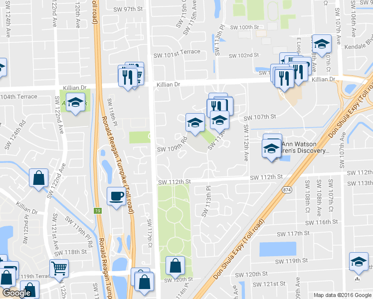 map of restaurants, bars, coffee shops, grocery stores, and more near 11458 Southwest 109th Road in Miami