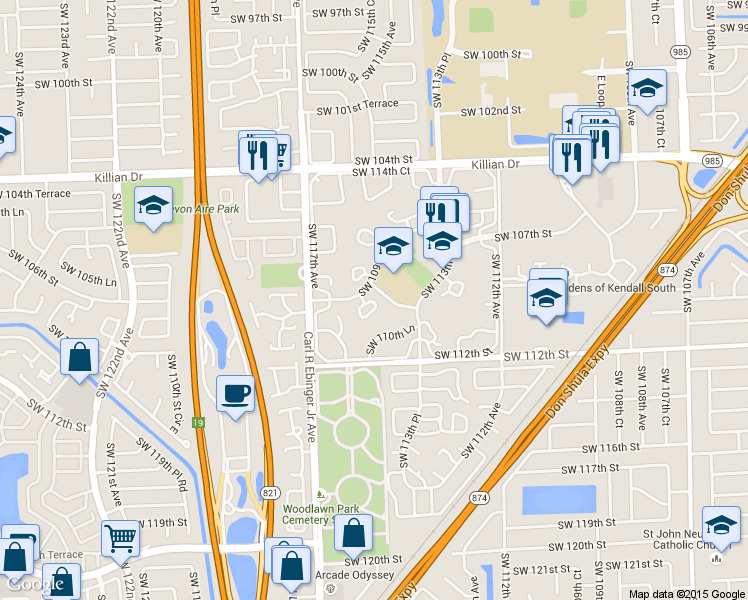 map of restaurants, bars, coffee shops, grocery stores, and more near 11458 Southwest 109th Road in Miami