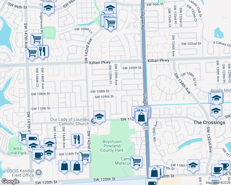 map of restaurants, bars, coffee shops, grocery stores, and more near 13931 Southwest 109th Street in Miami