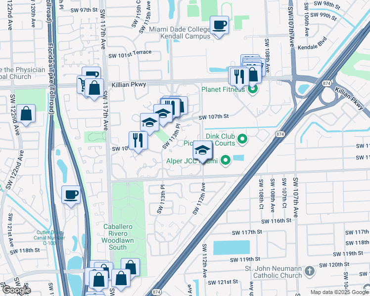 map of restaurants, bars, coffee shops, grocery stores, and more near 10925 Southwest 113th Place in Miami