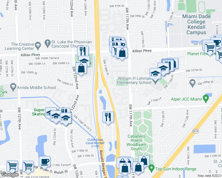 map of restaurants, bars, coffee shops, grocery stores, and more near 10840 Southwest 117th Place in Miami
