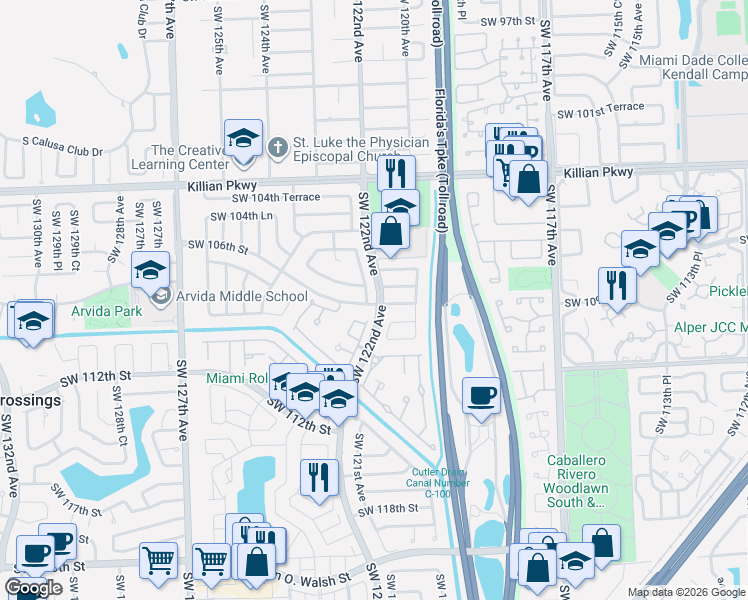 map of restaurants, bars, coffee shops, grocery stores, and more near 12120 Southwest 106th Street in Miami