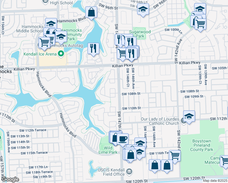 map of restaurants, bars, coffee shops, grocery stores, and more near 10812 Southwest 147th Court in Miami