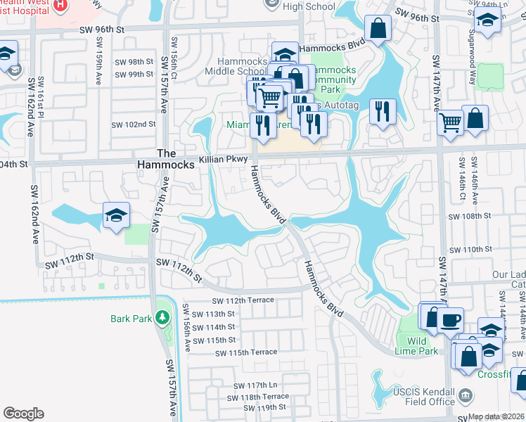 map of restaurants, bars, coffee shops, grocery stores, and more near 341 Southwest 107th Lane in Miami