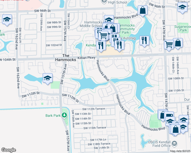 map of restaurants, bars, coffee shops, grocery stores, and more near 15330 Southwest 106th Terrace in Miami