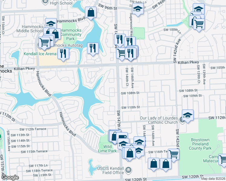 map of restaurants, bars, coffee shops, grocery stores, and more near 10812 Southwest 147th Court in Miami